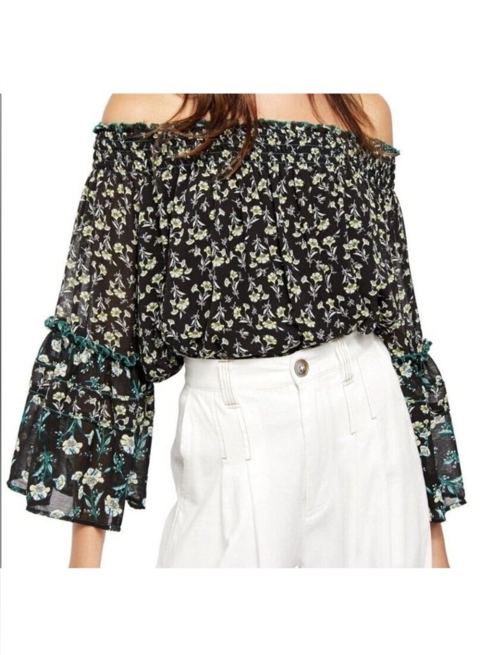 Free People Rose Valley Floral Off-Shoulder Bell Sleeve Flowy Top Blouse Sz S